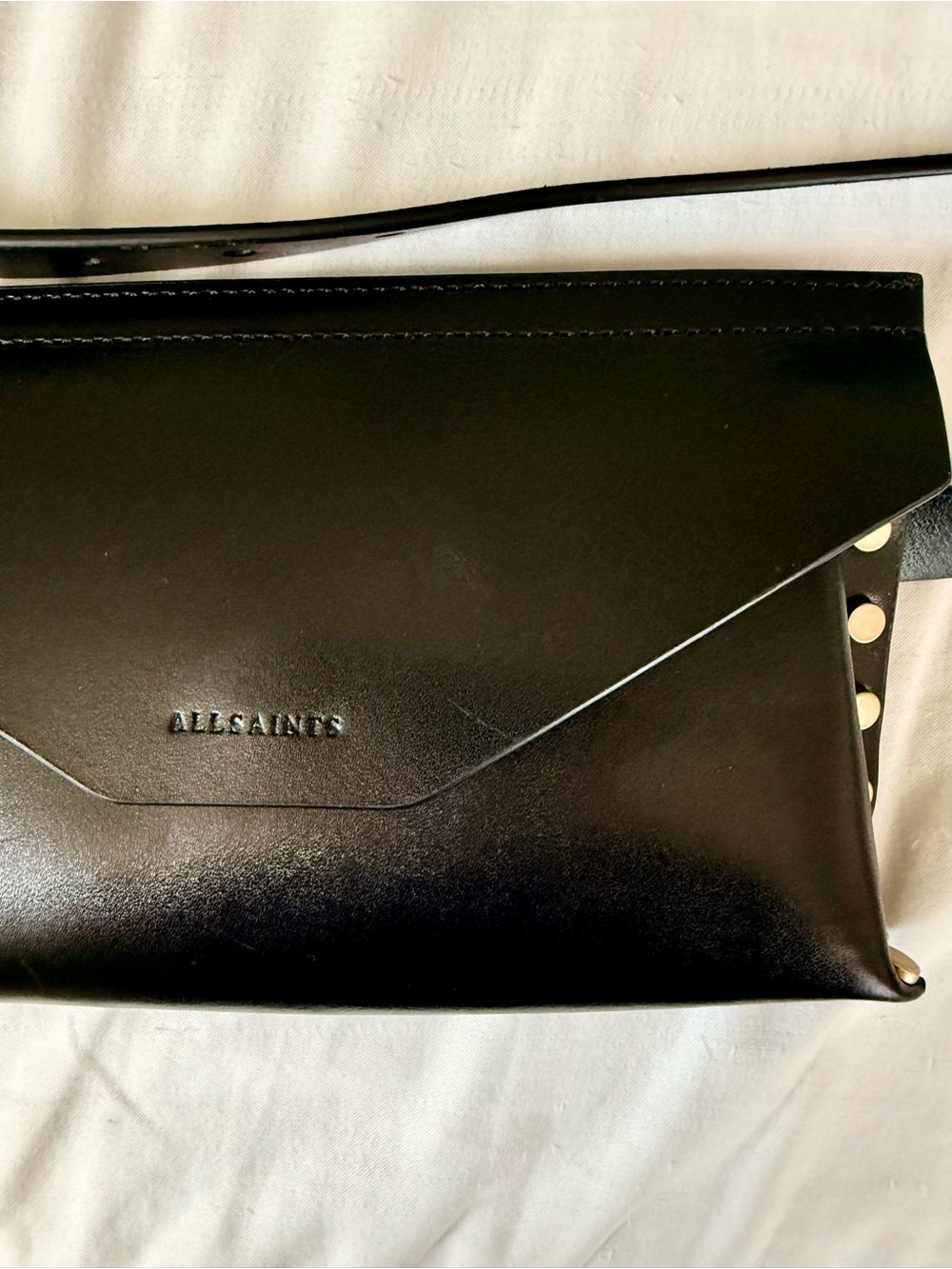 AllSaints Black Leather Envelope Clutch with Stud Accent Belt L